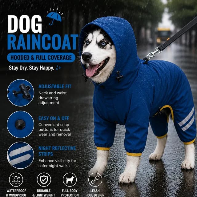 Waterproof Full Body Dog Raincoat with Adjustable Hood & Waist, Easy Snap Closure and Hidden Leash Opening - Lightweight Four-Leg Reflective Pet Rain Suit for Small Medium Large Dogs