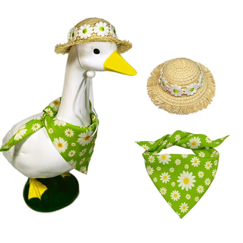 2 Sets and Daisy Delight Porch Goose & Small Pet Costume - 2 Summer Straw Hat & 2 Floral Bandana Set, photo 1 of 7