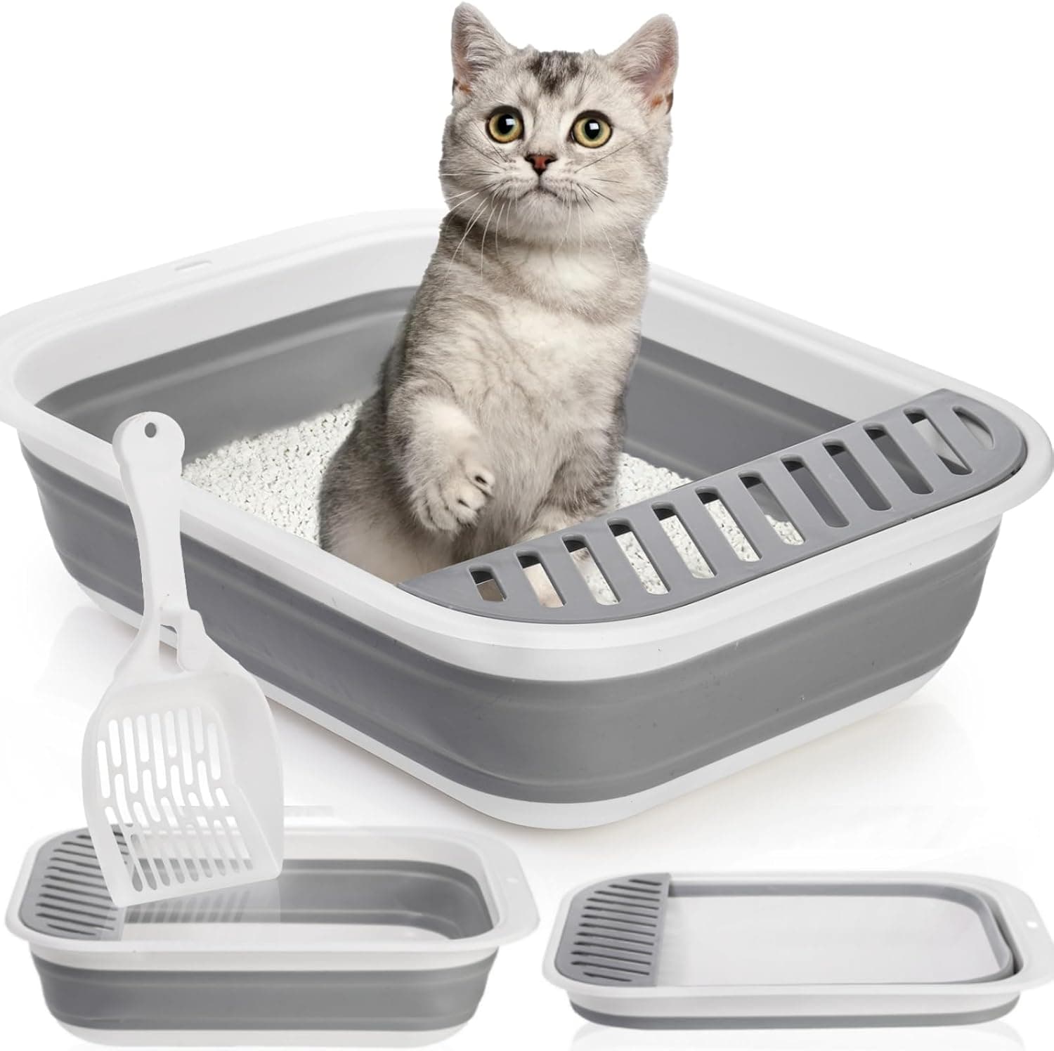 Collapsible Small Cat Litter Box, 45 cm Open Foldable Kittens Potty with Scoop, Shallow Anti Splash Travel Toilet, Semi Enclosed Height Adjustable Sides Pan for Sick Frail Grey, photo 1 of 8