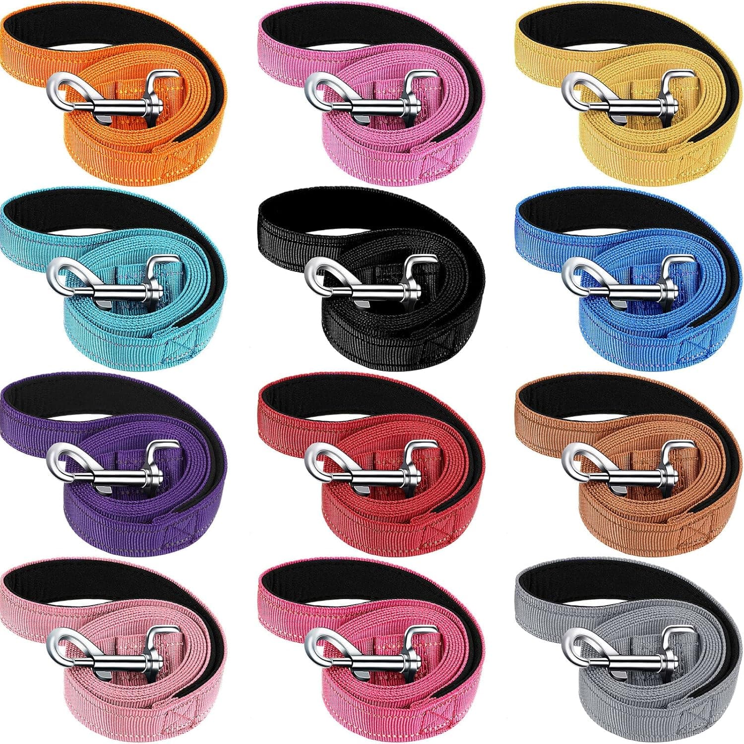 12 Pack Dog Leash Bulk, Double Sided Reflective, Nylon Leashes with Padded Handle for Small, Medium, and Large Dogs, 1.5 m Long, Puppy Walking Training, photo 1 of 6