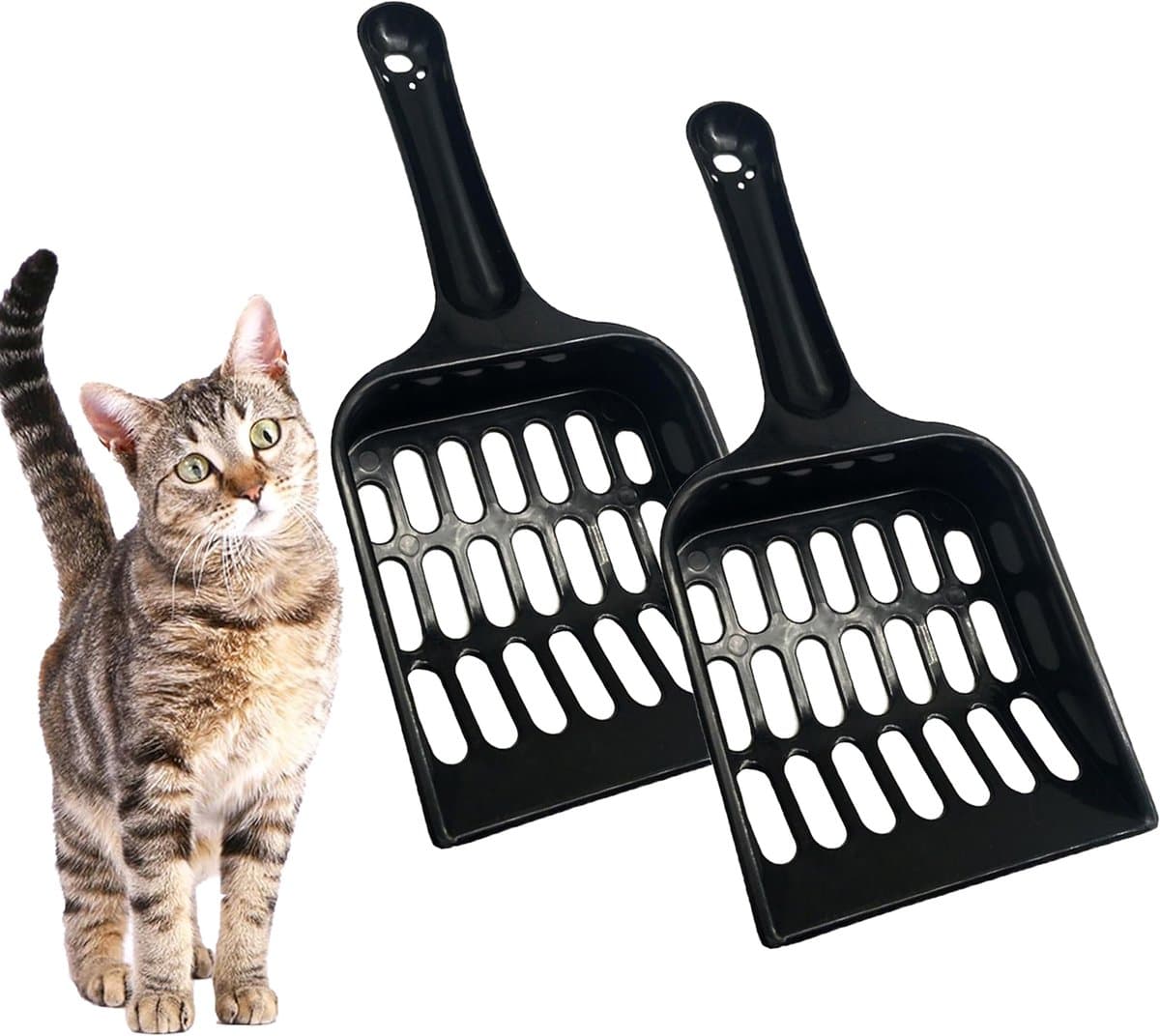 Cat Pellet Scoop (2 Pieces) - Cat Litter Scoop - Black Sieve and Poop Cleaner - Poop Scoop - Pet Litter Box Maintenance - Plastic Shovel - Kitten Scoop for Pine Pellets - Handy Hanging Hole for Quick Storage - 20x8.9 cm, photo 1 of 5
