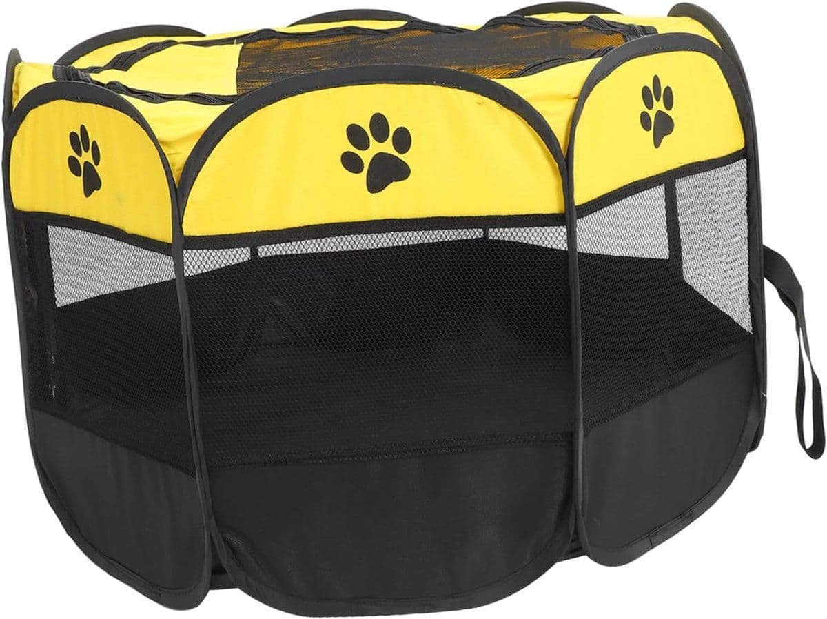 Portable Pet Playpen with Mesh Panels, Foldable Indoor and Outdoor Run for Cats and Puppies, Yellow and Black, 73 x 73 x 43 cm, photo 1 of 5