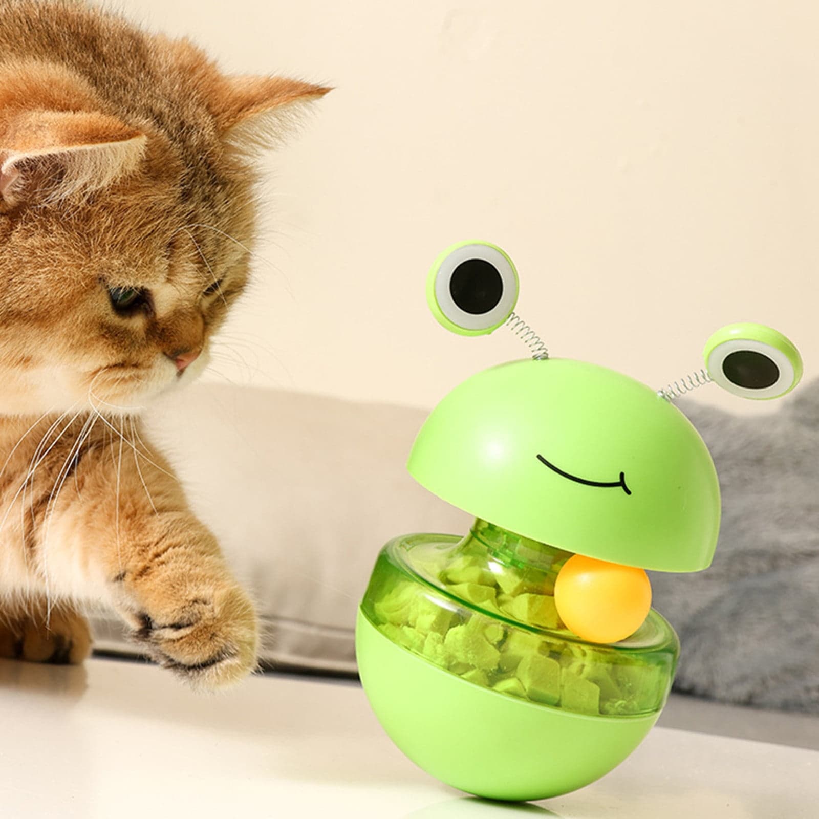 Cat Treat Puzzle Toy, 2 in 1 Slow Feeder Frog Ball for Cats, Treat Toy with Feather and Balls, Green, photo 1 of 6