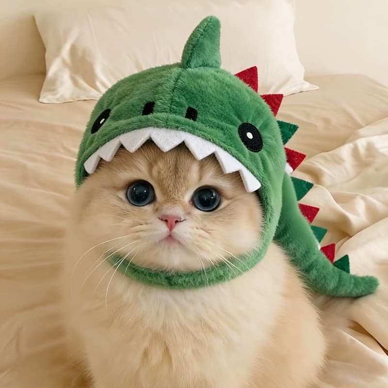 Adorable Dinosaur Hood for Small Pets, Fun Cat Costume Hat with Cartoon Design for Photo Shoots and Party Dress-Up (Dark Green), photo 1 of 8