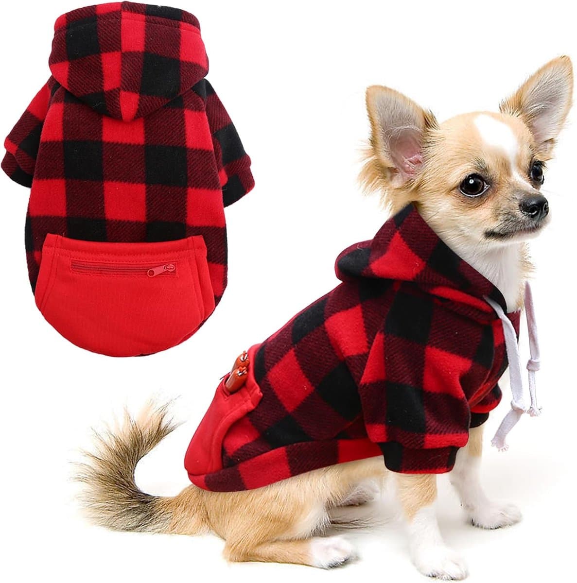 Dog Coat - Plaid Sweater - Warm Dog Coat - Zippered Pockets - Soft Brushed Fleece Hoodie - Winter Coat for Small Dogs - Perfect from Sizes S to 3XL - Warm Dog Clothes - Dog Outerwear, photo 1 of 4