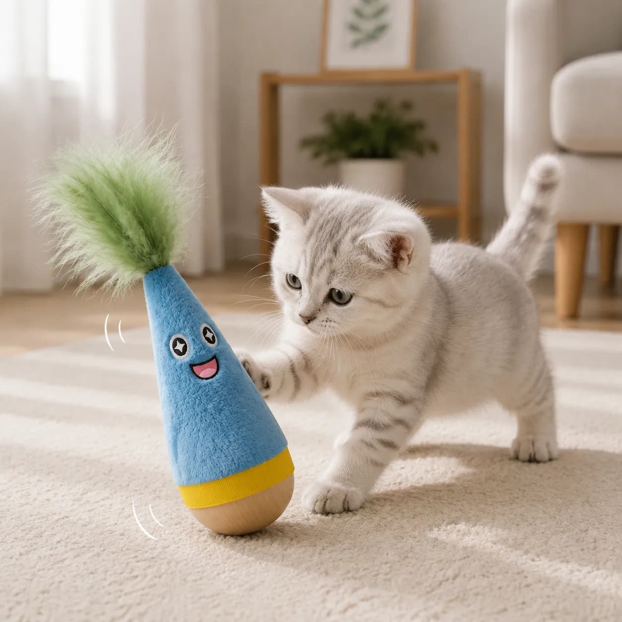 Interactive Feather Wobble Cat Toy - 4 Different Colour Tumbler Teaser Toys for Cats