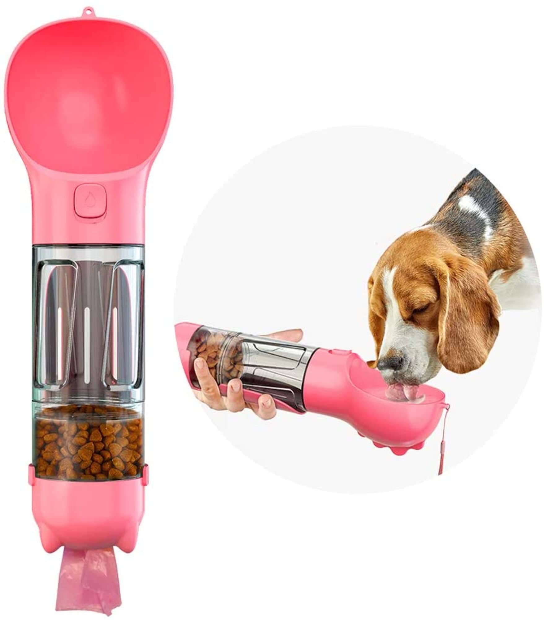 Portable 4in1 Dog Water Bottle with Food Storage, Poop Bag Dispenser and Scoop Size-300ml, Colour-Pink, photo 1 of 5