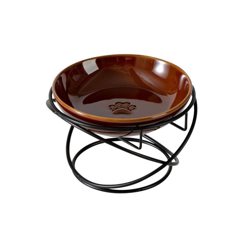 Raised Ceramic Pet Bowl with Metal Stand - Paw Print Cat and Dog Feeding Bowl, Removable Easy-Clean Dish with Elevated Design for Food and Water