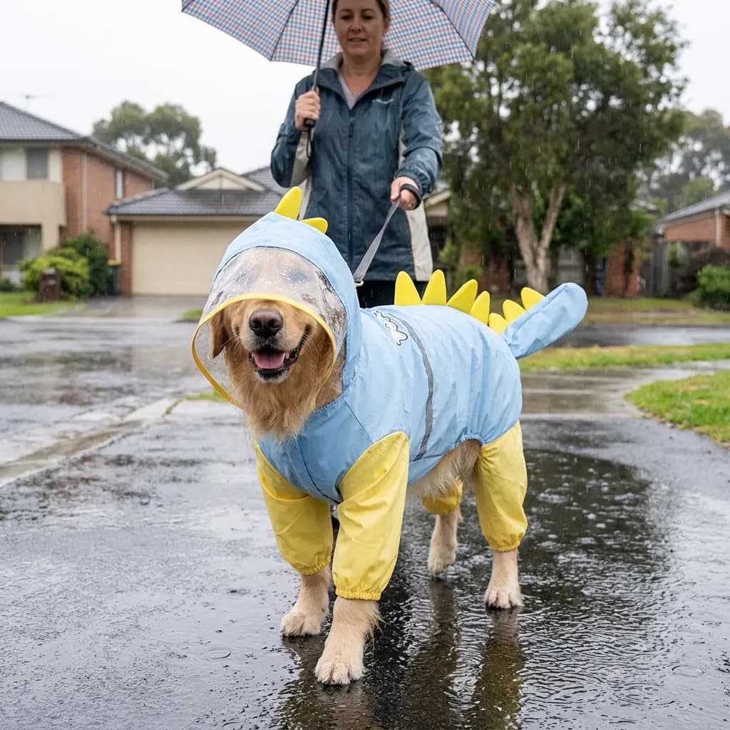 Dog Raincoat Dinosaur Hooded Waterproof Jacket with Leash Hole Removable Tail Cover Full Body Coverage Pet Rain Coat for Outdoor Walking Large Dogs