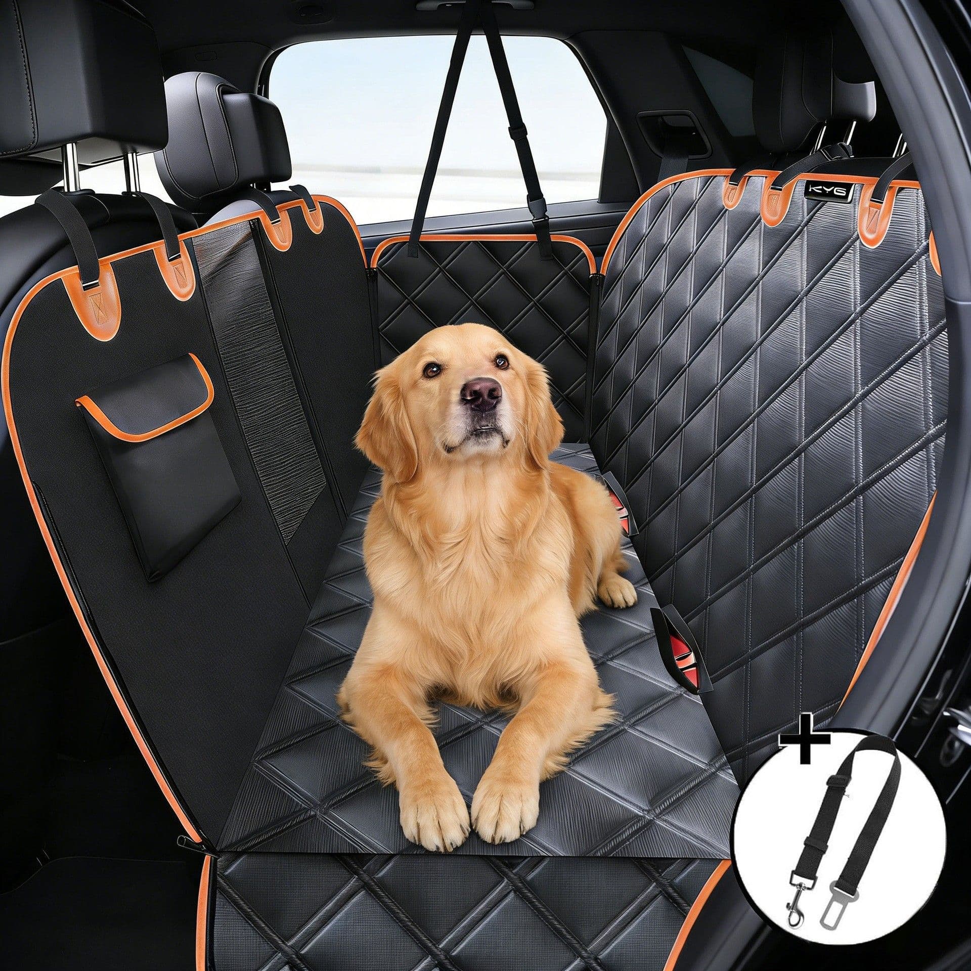 Waterproof Dog Car Rear Seat Protector 135 x 148CM - Durable Oxford Non Slip Pet Hammock with Storage Pockets , Zipper Mesh Window and 6 Fixed Buckles, Seat Belt Access Opening and Pet Leash, photo 1 of 7