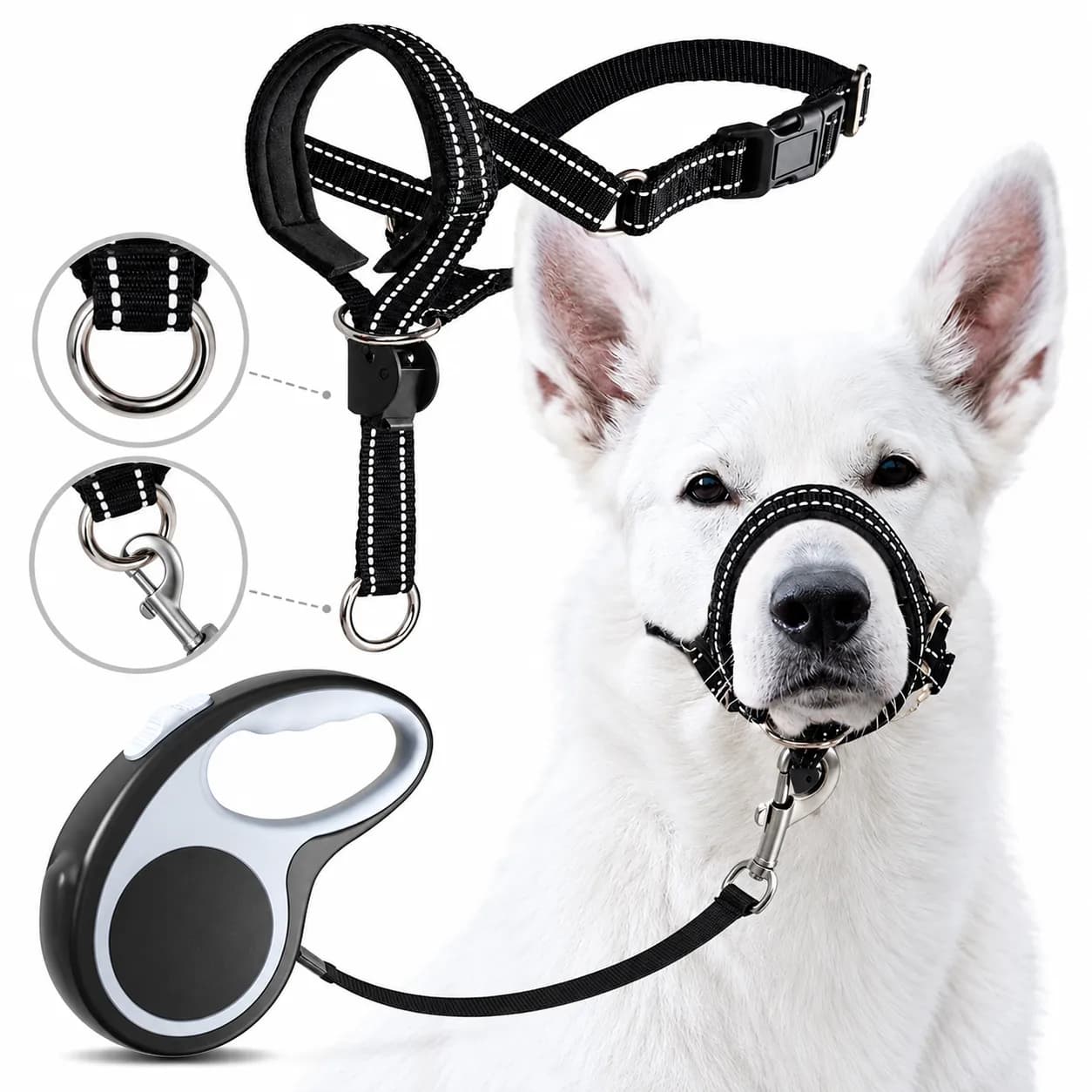 No-Pull Dog Walking Safety Combo Set - Adjustable & Breathable Muzzle Head Collar and 5M Jam-Free Retractable Dog Leash, photo 1 of 6