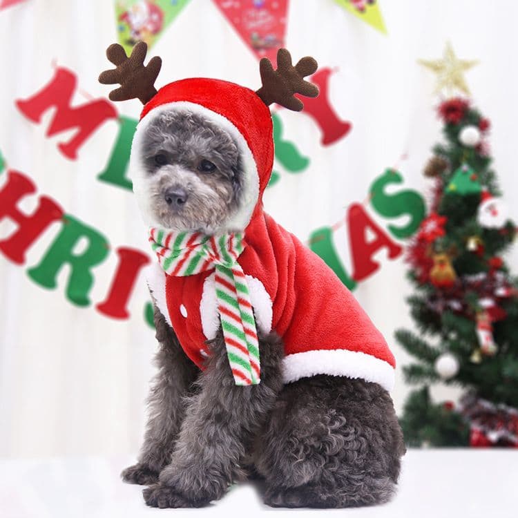 Pet Christmas Reindeer Costume Fleece Hooded Flannel Antlers (Free Scarf) Chest Back Length