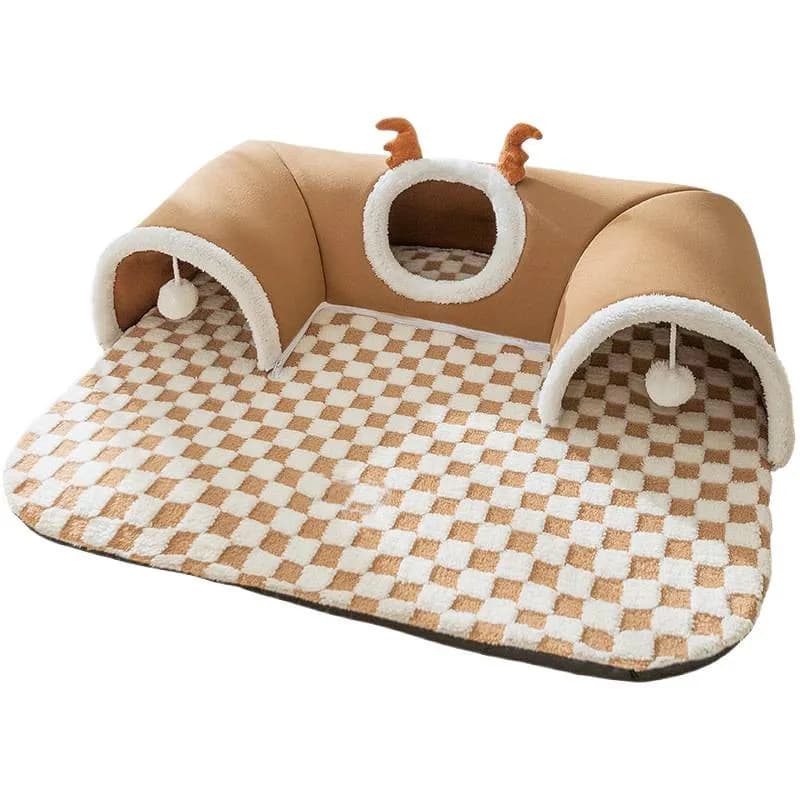 Cat Tunnel Bed House 4-Season Universal Removable Washable U-Shaped Cat Cave with Multi-Entrance, Plush Hideaway Pet Nest with Detachable Mat for Indoor Cats, Non-Slip Bottom, Multi-Cat Friendly