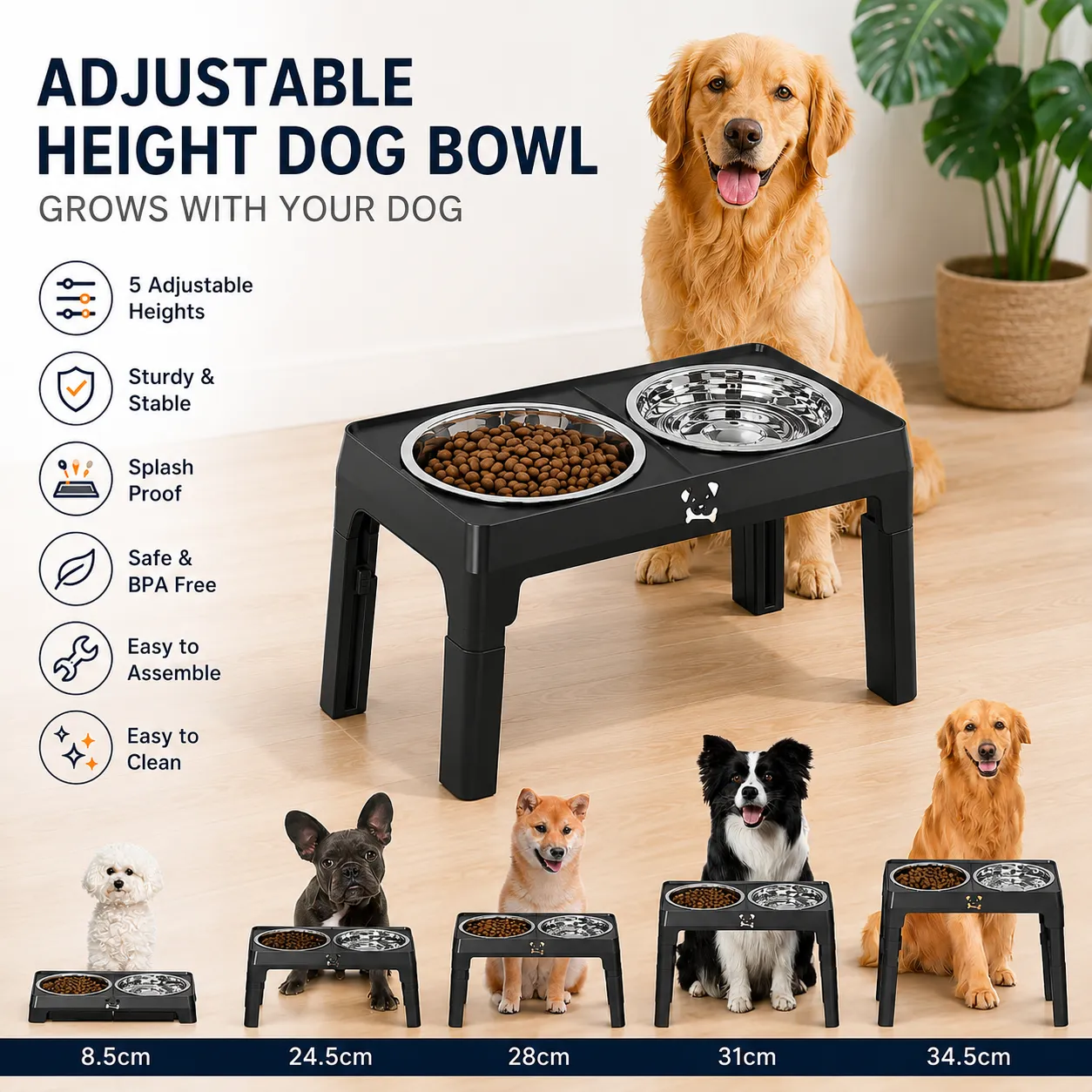 Adjustable Elevated Dog Bowl Stand with Stainless Steel Double Bowls, Foldable Raised Pet Feeding Station for Medium & Large Dogs, Anti-Slip Height Adjustable Food and Water Feeder