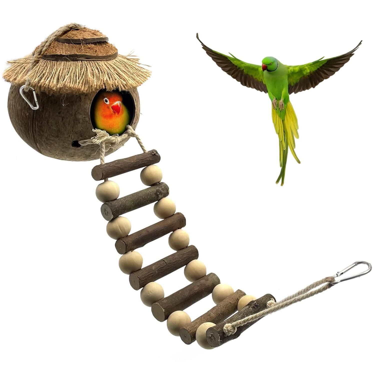 Hanging Coconut Shell Bird Nest With Ladder Cage Landscape Warm Bird House, photo 1 of 8