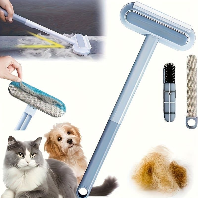 Triple-Action Pet Hair Remover Brush for Cats and Dogs – Reusable Lint Roller with Washable Blue and Grey Fabric Bristles, Durable Plastic Handle, Perfect for Carpets, Upholstery, Clothing, and Car Interiors, photo 1 of 7