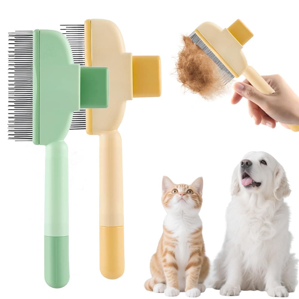 2-in-1 Pet Grooming Brh, Magic Pet Hair Remover Comb with Self-Cleaning Button for Dogs & Cats, Shedding Brh for Long/Short Hair, Home & Furniture Fur Removal Tool (Green + Yellow), photo 1 of 7