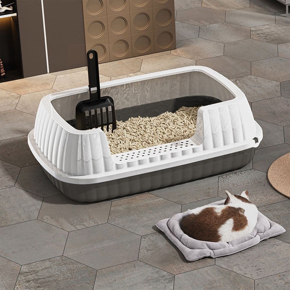 Semi Enclosed Cat Litter Box, Splash Proof High Side Toilet Basin, Sturdy Plastic Pet Pot with Shovel, Leak-proof Cleaning Tool for Kitten Daily Use, Dark Gray, photo 1 of 5