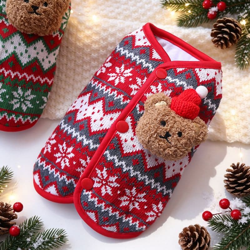 Christmas Pet Clothes Dog Cat Winter Cotton 144 cotton-padded coat - Gray and red snowflake bear vest, photo 1 of 10