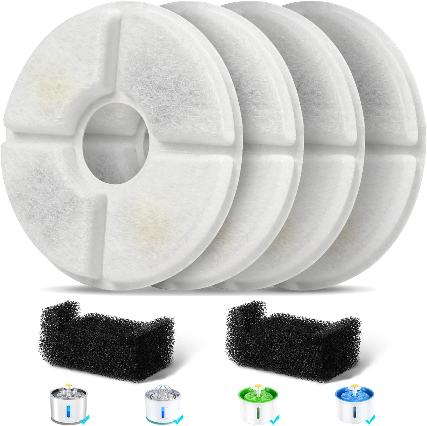 Filters Replacements for Flower Automatic Pet Fountains, Cat Water Fountain Replacement Parts and Dog Water Dispensers Filters for 81oz/2.4L Round Cat Water Fountains (4 Filters+2 Sponges), photo 1 of 6