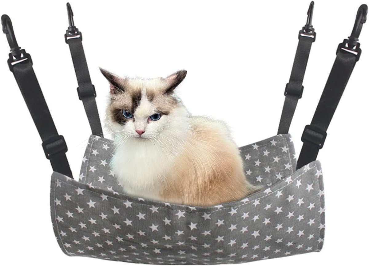 Cat Hammock - Hammock for cats - hanging pet bed - hammock for pets - with hooks - for Kittens, Puppies and Small Pets - Adjustable Straps - Pet Swing - cat bed - for cages and gardens - 53*35 cm - grey stars, photo 1 of 6
