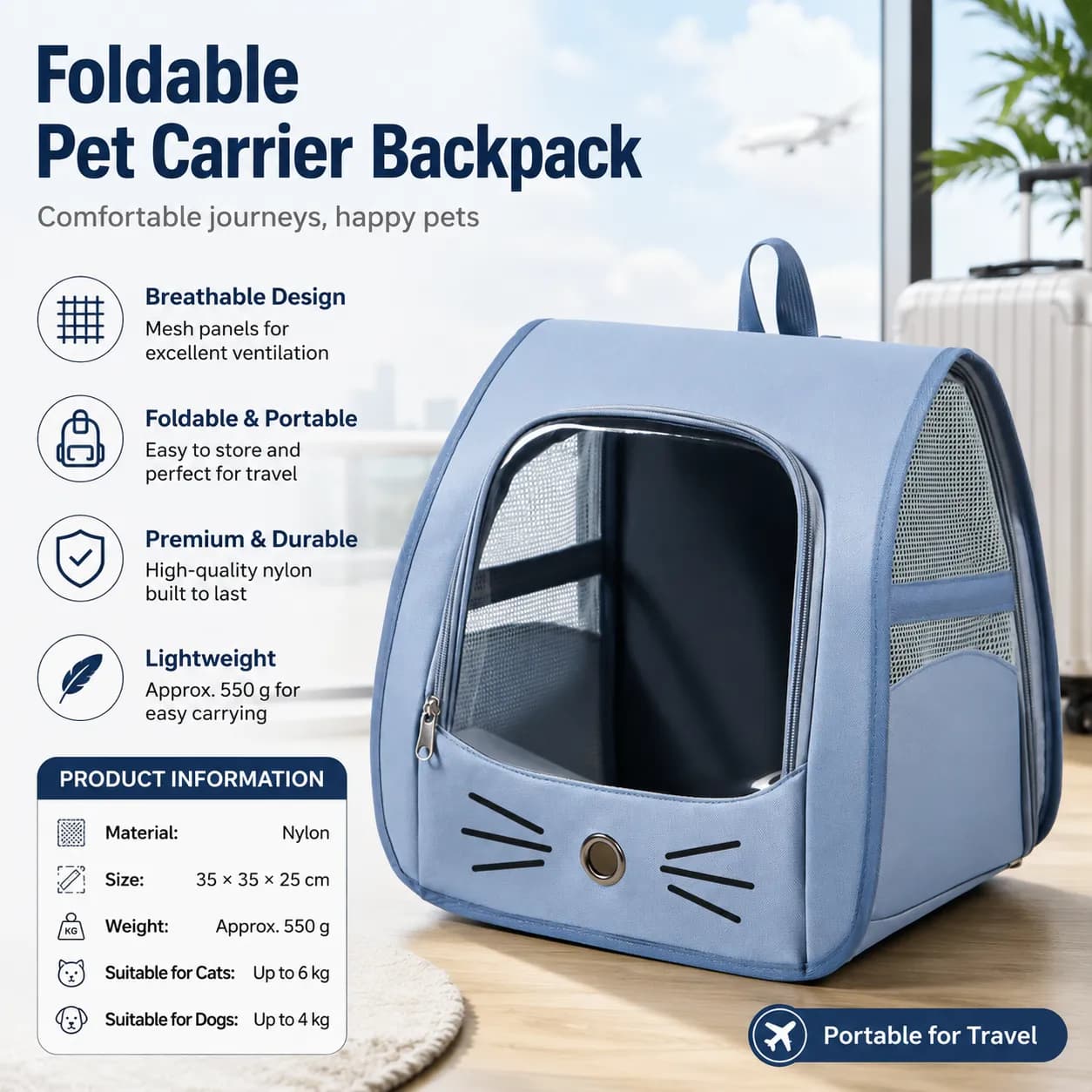 Breathable Pet Carrier Backpack - Nylon Cat Travel Bag with Large Clear Window, 3-in-1 Carry Design for Cats Under 6kg and Small Dogs