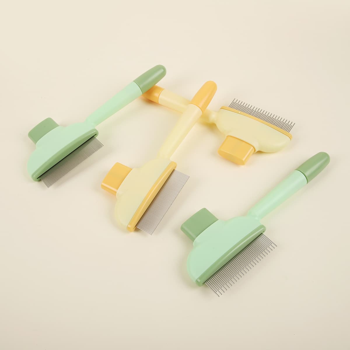 4-Pack Self-Cleaning Pet Brush Set – Stainless Steel Deshedding Slicker Combs (2 Long Pin & 2 Dual Pin) in Green & Yellow Tones, photo 1 of 6