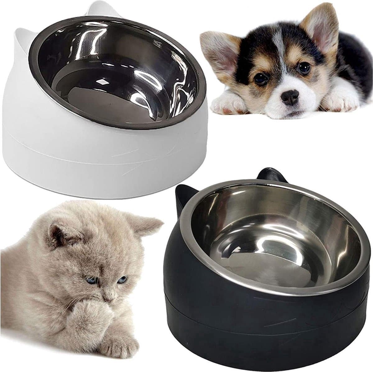 Dog Food Bowl - Cat Food Bowl - Stainless Steel - BPA-Free - Removable 2-in-1 Pet Bowl - 15° Tiltable - 2 x 200 ml - Dog Bowl - Sturdy - Durable - Non-Slip - - Dog & Cat Drinking Bowl - Black and White - Easy to Clean - Cat and Dog Gifts, photo 1 of 5