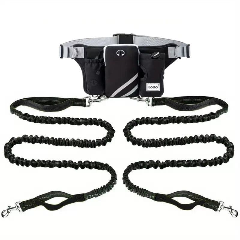 Hands-Free Dual Dog Leash Waist Pack for Running, Walking, and Hiking – Adjustable Oxford Belt with Reflective Strips, Shock-Absorbing Bungee Leashes, 360° Swivel Hooks, and Multi-Pocket Storage for Phone, Water Bottle, and Waste Bags – Perfect for Two Do, photo 1 of 10