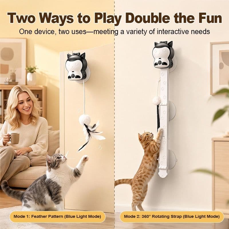 2-in-1 Automatic Cat Teaser Wand with Strong Suction Base, Interactive Feather & Plush Ball Toy for Indoor Cats, Wall-Mounted Self-Play Kicker for All Ages, Rechargeable Smart Motion Catnip-Free Playmate (White, S), photo 1 of 10