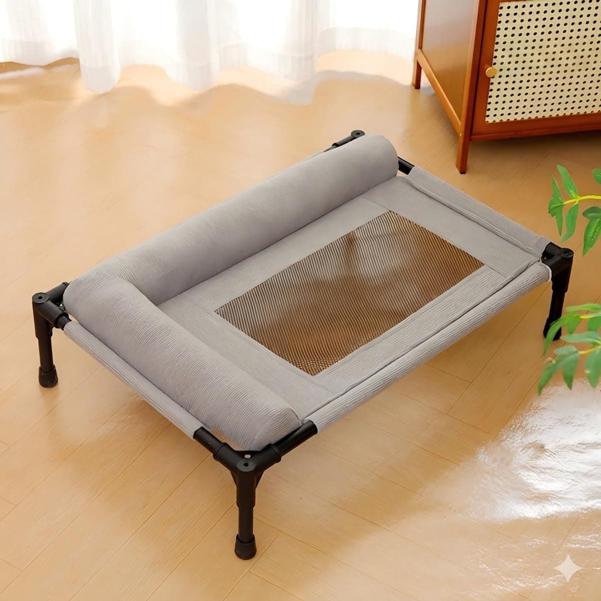 Elevated Pet Cot with Bolster Cushion, Portable Dog Bed for Indoor & Outdoor Use, Removable Washable Cover, Breathable Mesh Design for Warm Weather Comfort (Gray), photo 1 of 6