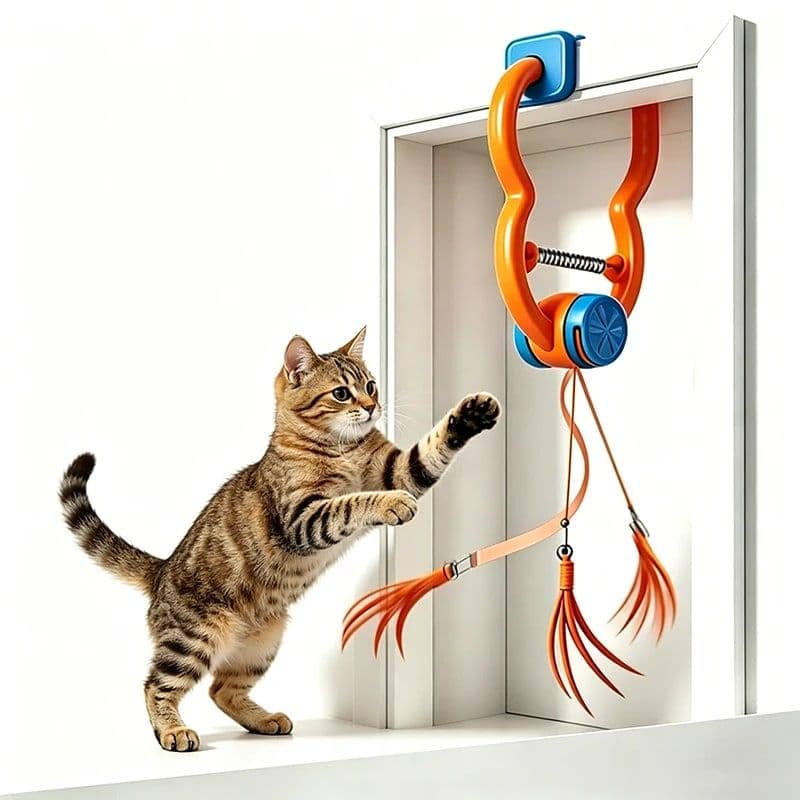 Interactive Door Clip Cat Toy with Bouncy Spring and Replaceable Teaser Tail – Self-Play Entertainer for Solo Cats, Mounts on Doorframes, Tables, or Cat Trees to Spark Hunting Instincts and Burn Off Excess Energy (Orange), photo 1 of 6