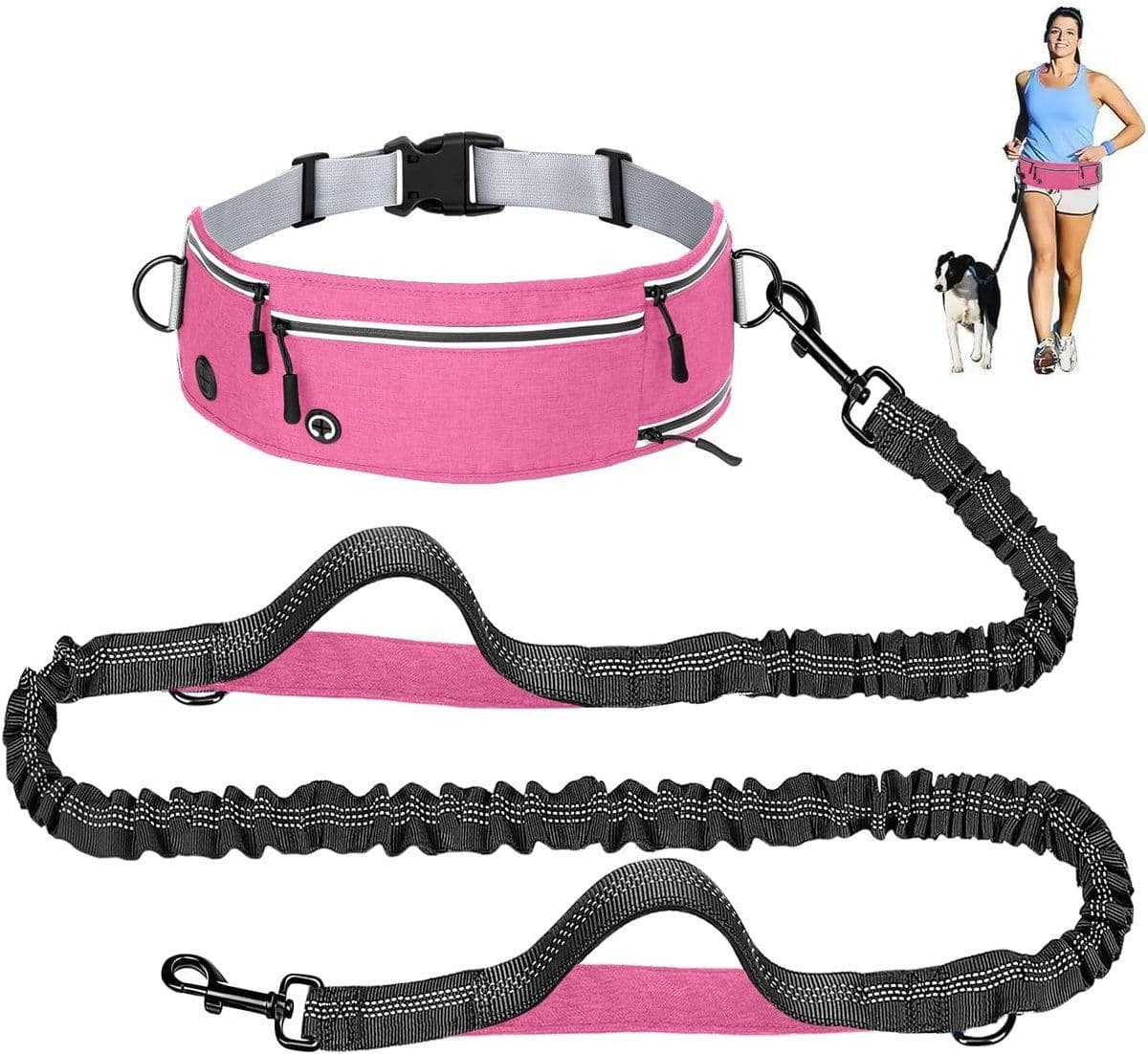 Hands Free Dog Leash With Adjustable Waist Belt, Shock Absorbing Bungee, Reflective Lead, Pockets And Bottle Holder, Pink, photo 1 of 5