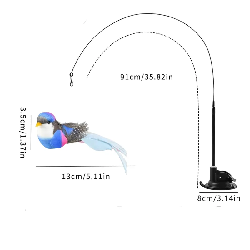 Interactive Self-Play Cat Wand with Suction Base - Automatic Bouncing Teaser Including Bell & 3 Bird Attachments