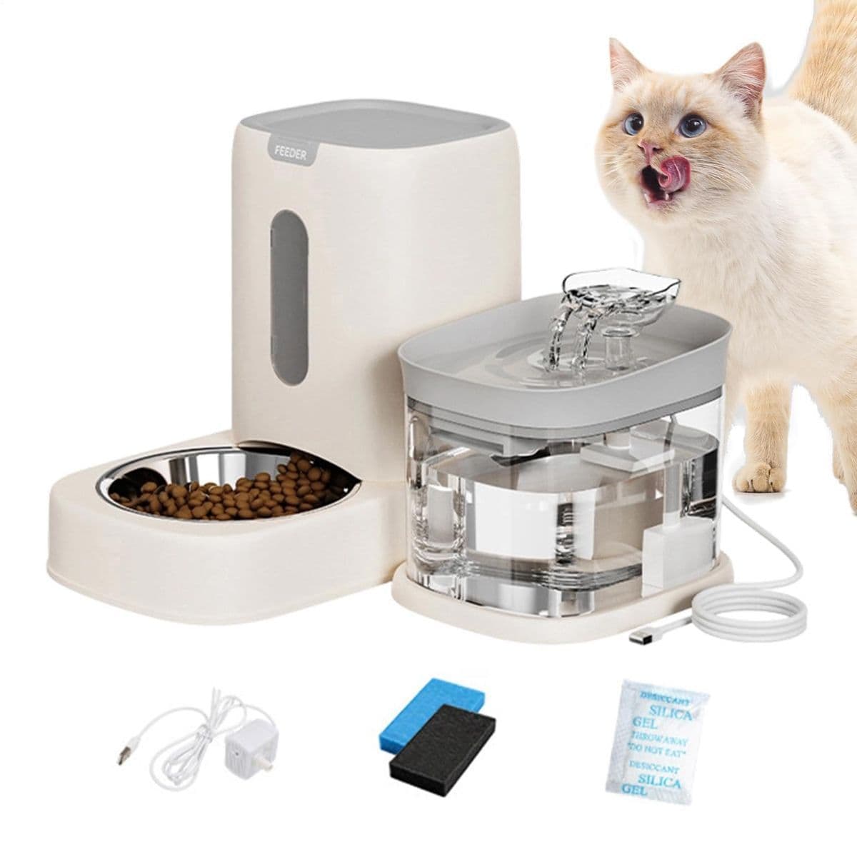 Automatic Cat Feeder and Water 2-in-1 Pet Automatic Fountain Food Bowl Spill-Proof Cat Waterer for Indoor Outdoor Home Vacation Balcony Living Room Bedroom - Size Feeder and Waterer
