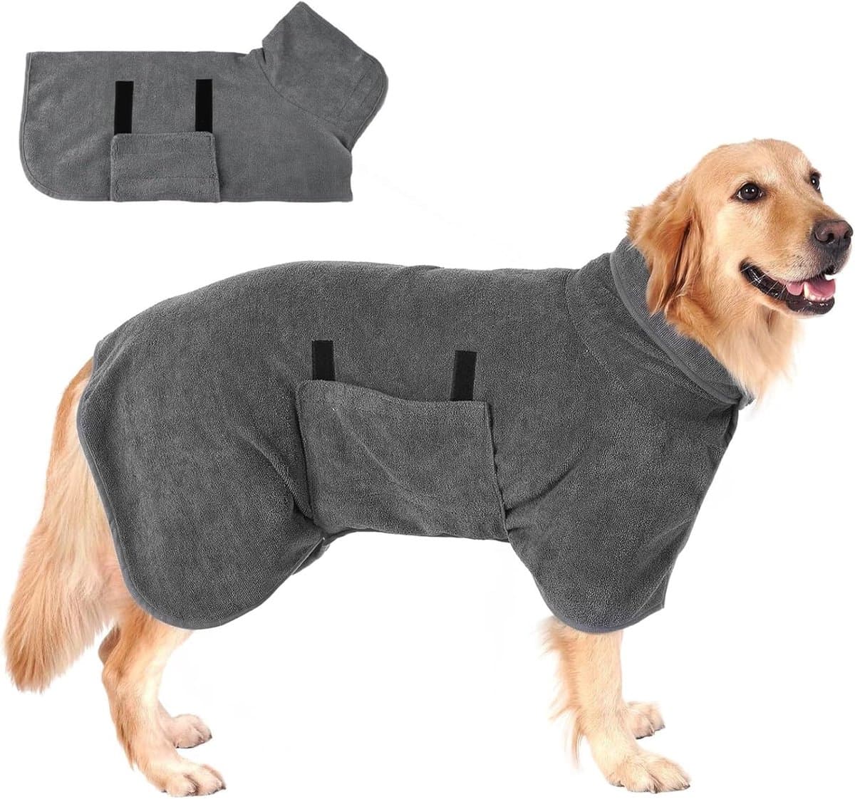 Dog bathrobe - Pet bath towel - Bathrobes for pets - Dog drying coat Bath towel - Dog towel - super absorbent dog towel - with Velcro - adjustable - for large, medium, small dogs - chest circumference - grey, photo 1 of 10