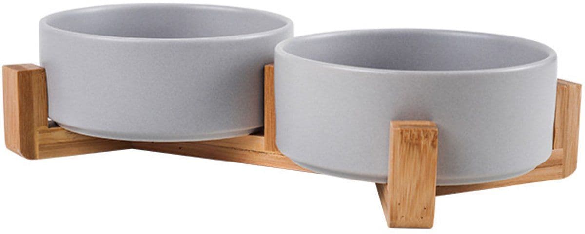 Double Ceramic Dog and Cat Bowls with Wooden Stand, No-Spill Elevated Food and Water Bowls for Small Pets, Indoor Use, Gray, 11 cm Diameter, photo 1 of 5