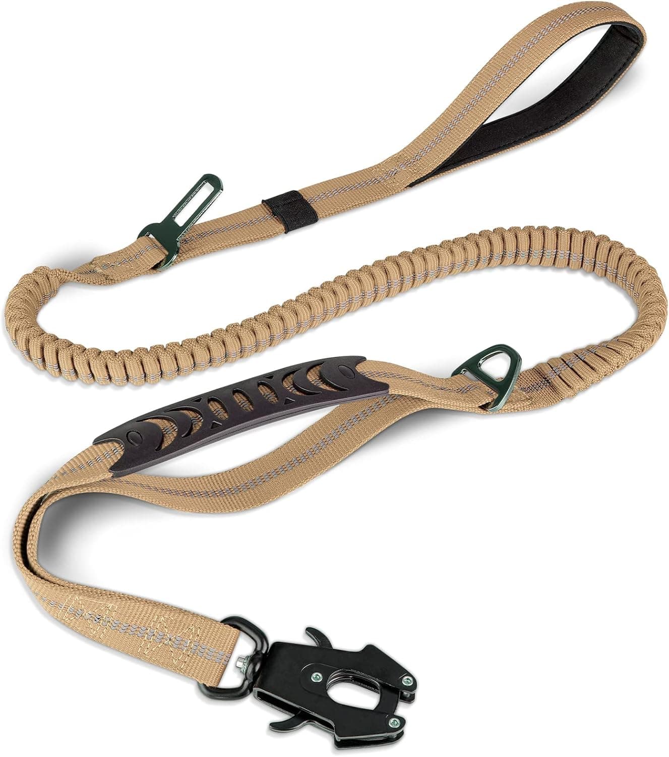Tactical Dog Leash Heavy Duty, 1.2-1.8 m Shock Absorbing Bungee Lead with 2 Padded Handle, Metal Carabiner Clip, Car Seatbelt, Strong No Pull for Medium Large X-Large Dogs, Coyote Brown -, photo 1 of 7