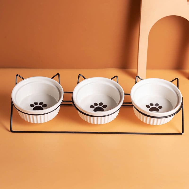 Triple Slanted Ceramic Pet Bowl Set with Elevated Iron Stand and Non Slip Base - 3 x Versatile Cat Paw Print Pattern Dishes for Water & Food