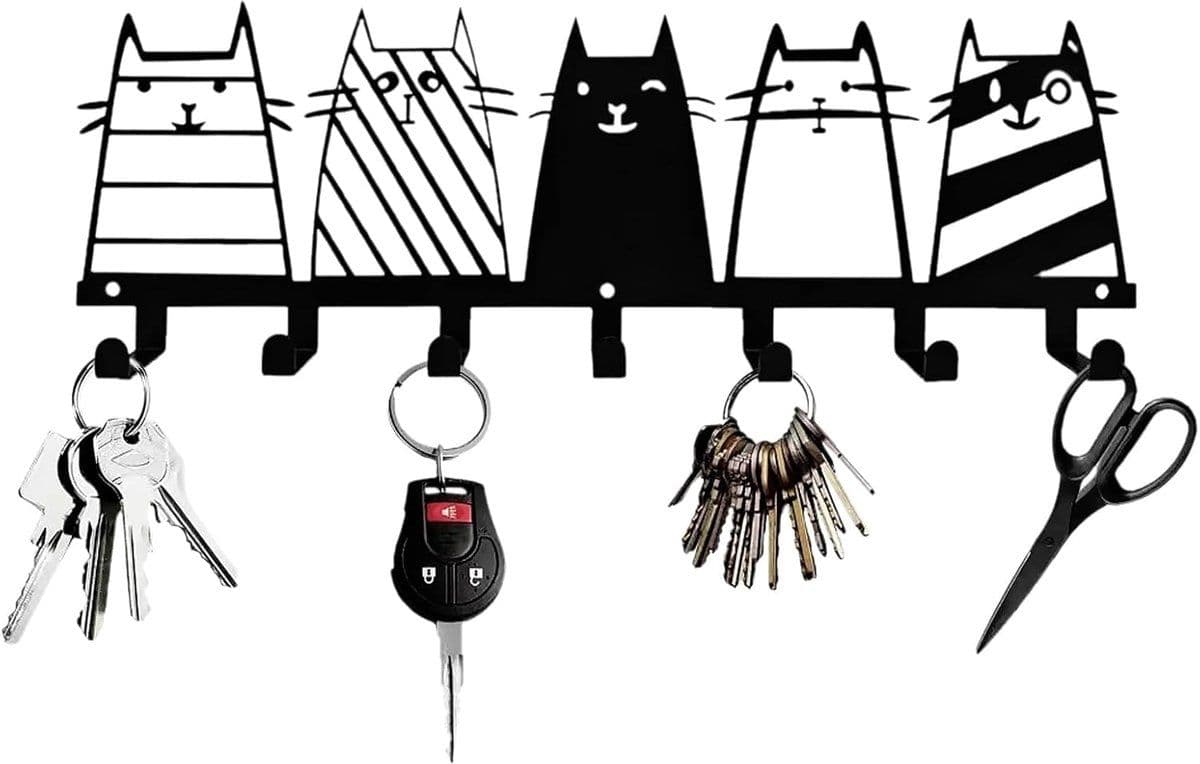 7-Hook Black Metal Cat Wall Rack, Decorative Key, Coat and Accessory Organizer, photo 1 of 5