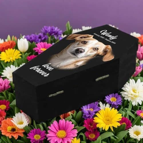 Personalized Pet Urn for Ashes - Small Wooden Pet Casket with Custom Photo & Name Engraving - Memorial Keepsake for Cats, Dogs, Rabbits - 15 cm Handcrafted Pet Coffin - Size 15 cmL x 8.3 cmW x 3.8 cmH
