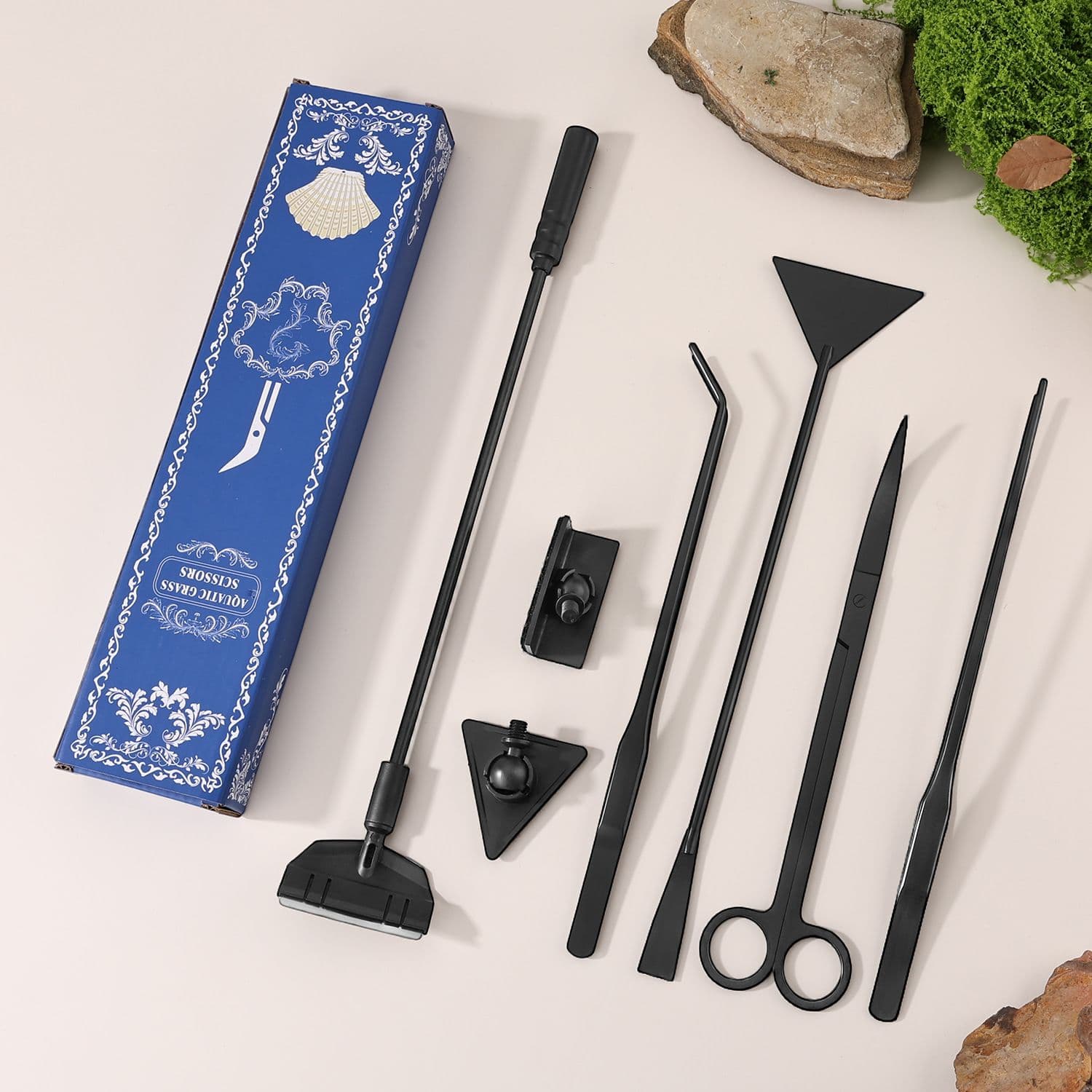Stainless Steel Aquarium Cleaning Tool Kit - 5 Piece Fish Tank Maintenance Set with Tweezers Scissors Algae Scraper Spatula