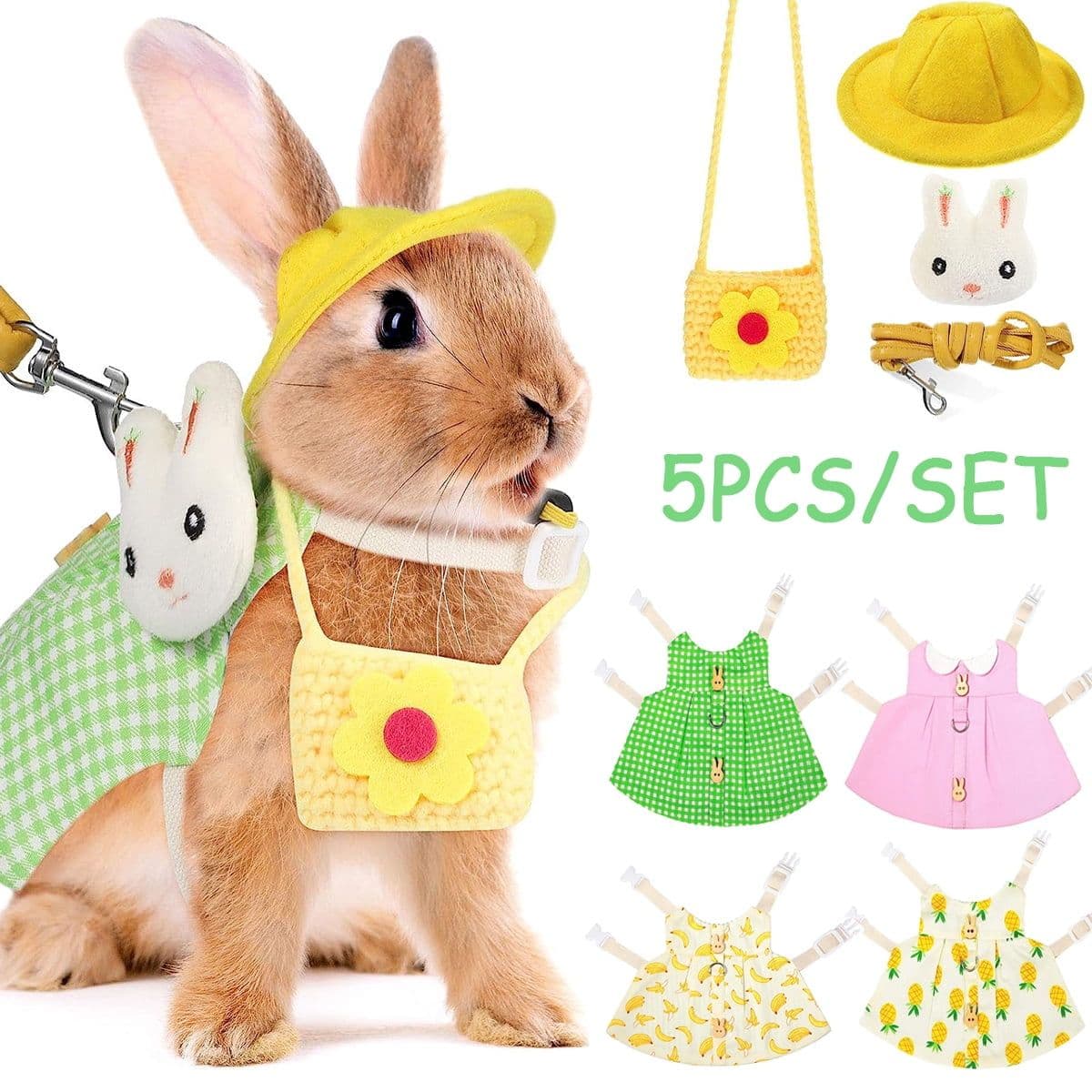 Pet Rabbit Bunny Dress Bunny Easter Costume with Leash Hat Mini Bag Harness Leash Small Animals Accessory for Rabbit Hedgehog Ferret Guinea Pigs Piggies Squirrel, photo 1 of 5