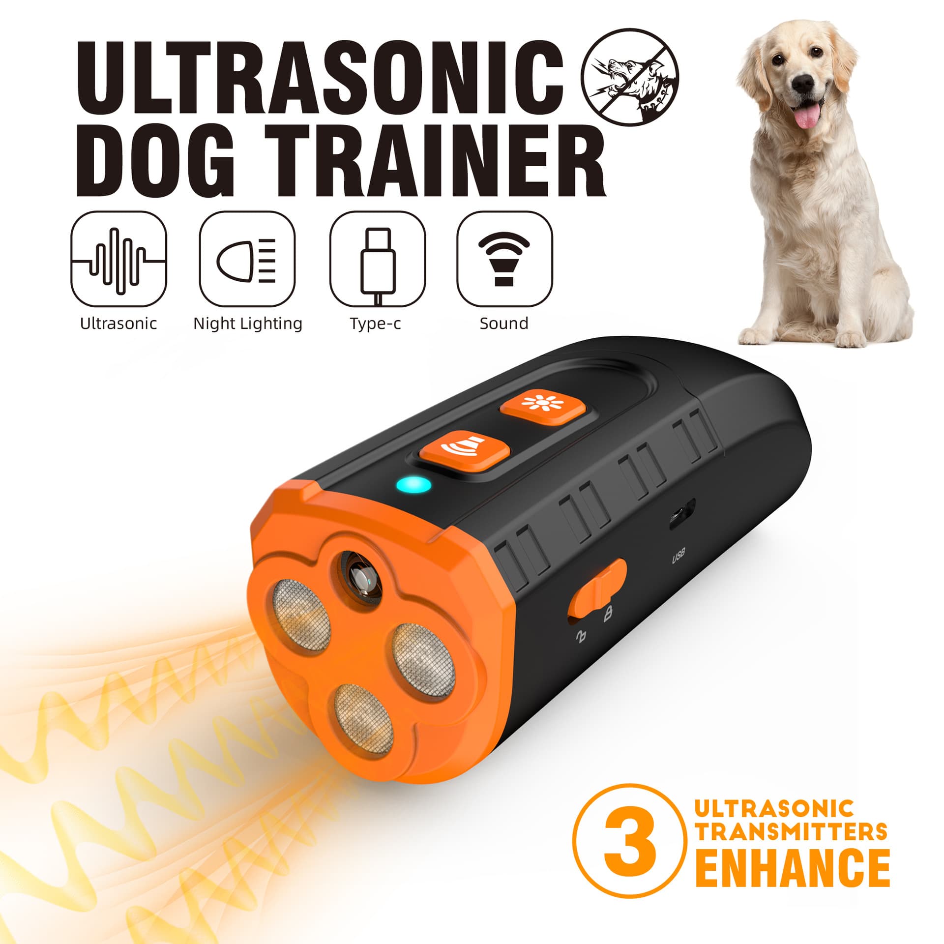 Ultrasonic Dog Trainer Device | Handheld Pet Training Tool with Night Light & Type-C Charging 3.7V, photo 1 of 5