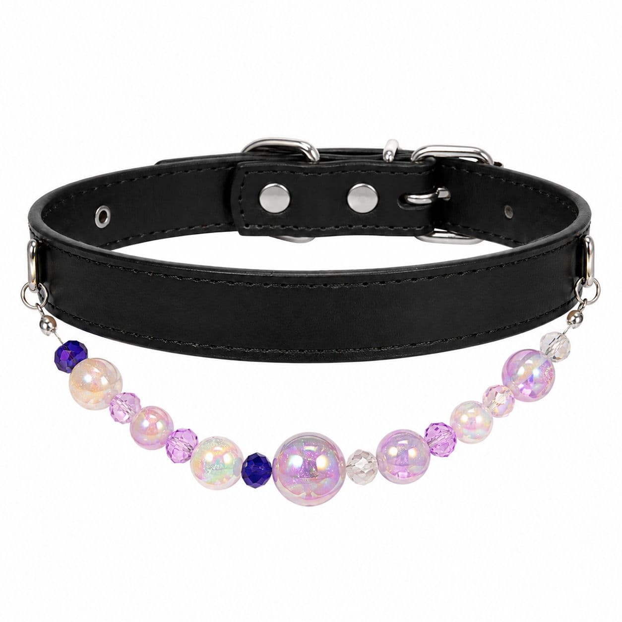 Detachable Beaded Dog Collar - Microfiber PU Leather, Zinc Alloy Hardware, Adjustable Neck, Decorative Pet Collar for Small Dogs, photo 1 of 4