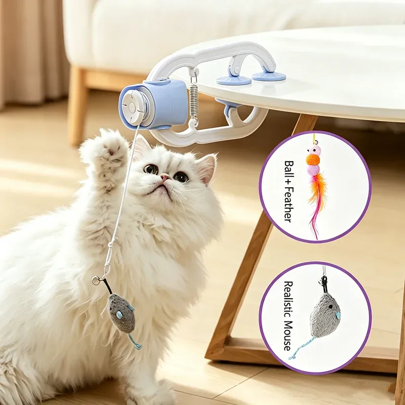 Interactive Electric Cat Teaser with Clip-On Spring Design – Auto Up-and-Down Motion, Replaceable Plush Mouse & Feather Wand Attachments, Perfect for Indoor Play, Exercise, and Mental Stimulation on Desks, Shelves, or Cat Trees. (Blue), photo 1 of 9