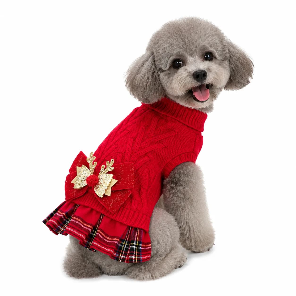 Reindeer antler design bow-knot Christmas Pet Knitted Dress - Acrylic Dog and Cat Jumper, Lightweight Festive Winter Outfit for Pets, Holiday Photos and Celebrations