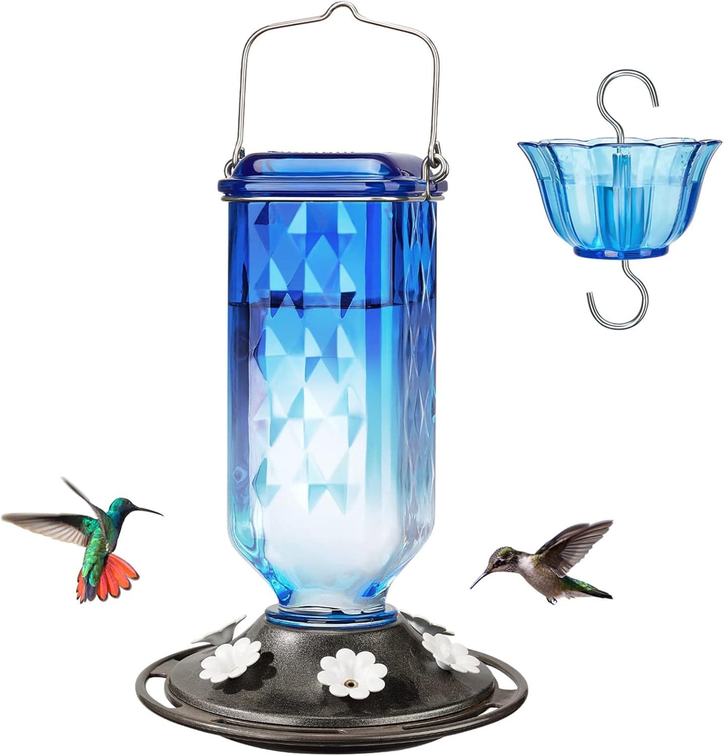 Elegant Hanging Hummingbird Feeder - Decorative Glass Nectar Bottle with Ant Moat, 6 Feeding Ports
