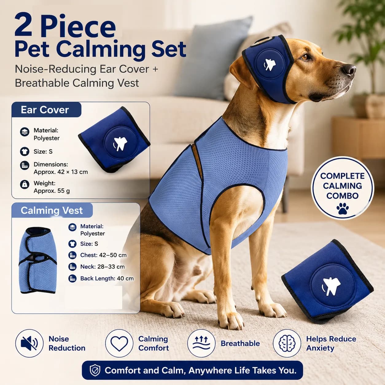Blue Dog Anxiety Relief Set - Breathable Mesh Calming Vest and Noise Reducing Earmuffs for Dogs, Thunderstorm and Fireworks Stress Support, photo 1 of 10