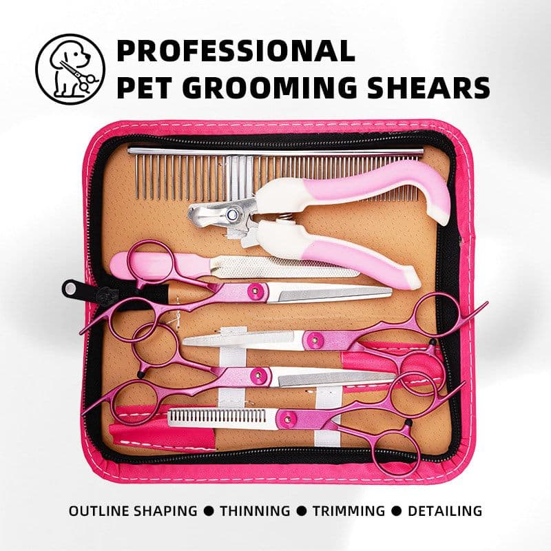 Professional Pet Grooming Scissors Set for Dogs & Cats – Includes Straight, Curved, Thinning Shears, Nail Clippers, and Comb in a Stylish Pink Case for Home Grooming and Salon-Quality Trimming, photo 1 of 4